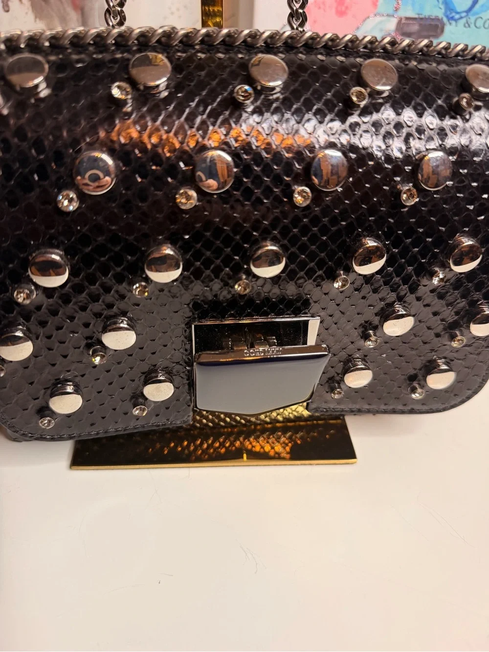 Authentic Jimmy Choo Studded Chain Lockett Bag with Black Snakeskin leather